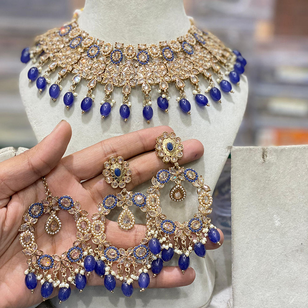 Hira Collection Luxury Crystal And Pearl Choker Necklace Set With Maangtikka