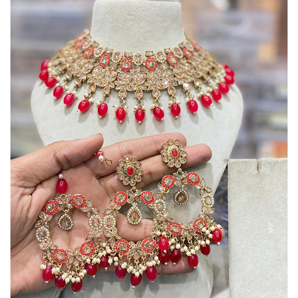 Hira Collection Luxury Crystal And Pearl Choker Necklace Set With Maangtikka