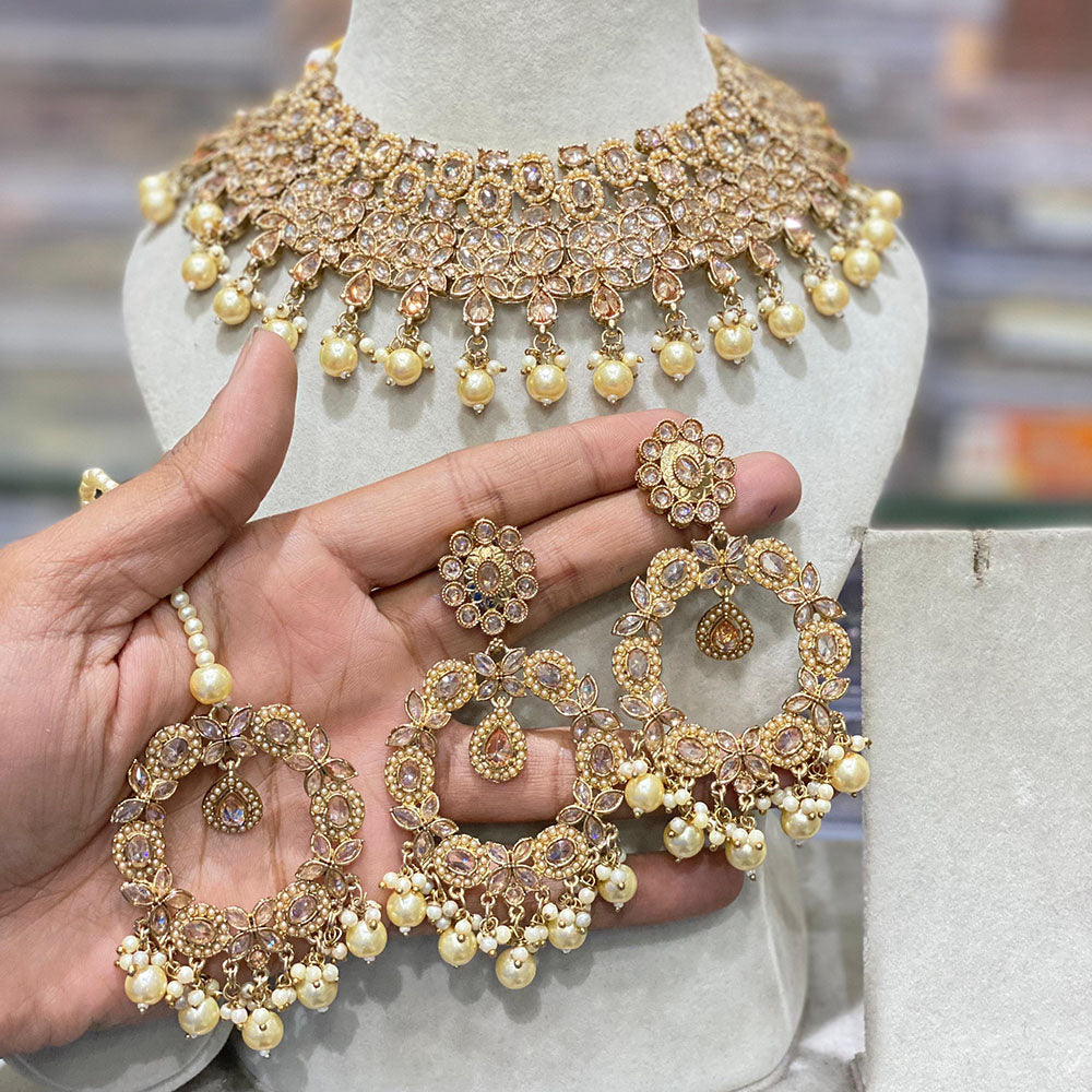 Hira Collection Luxury Crystal And Pearl Choker Necklace Set With Maangtikka