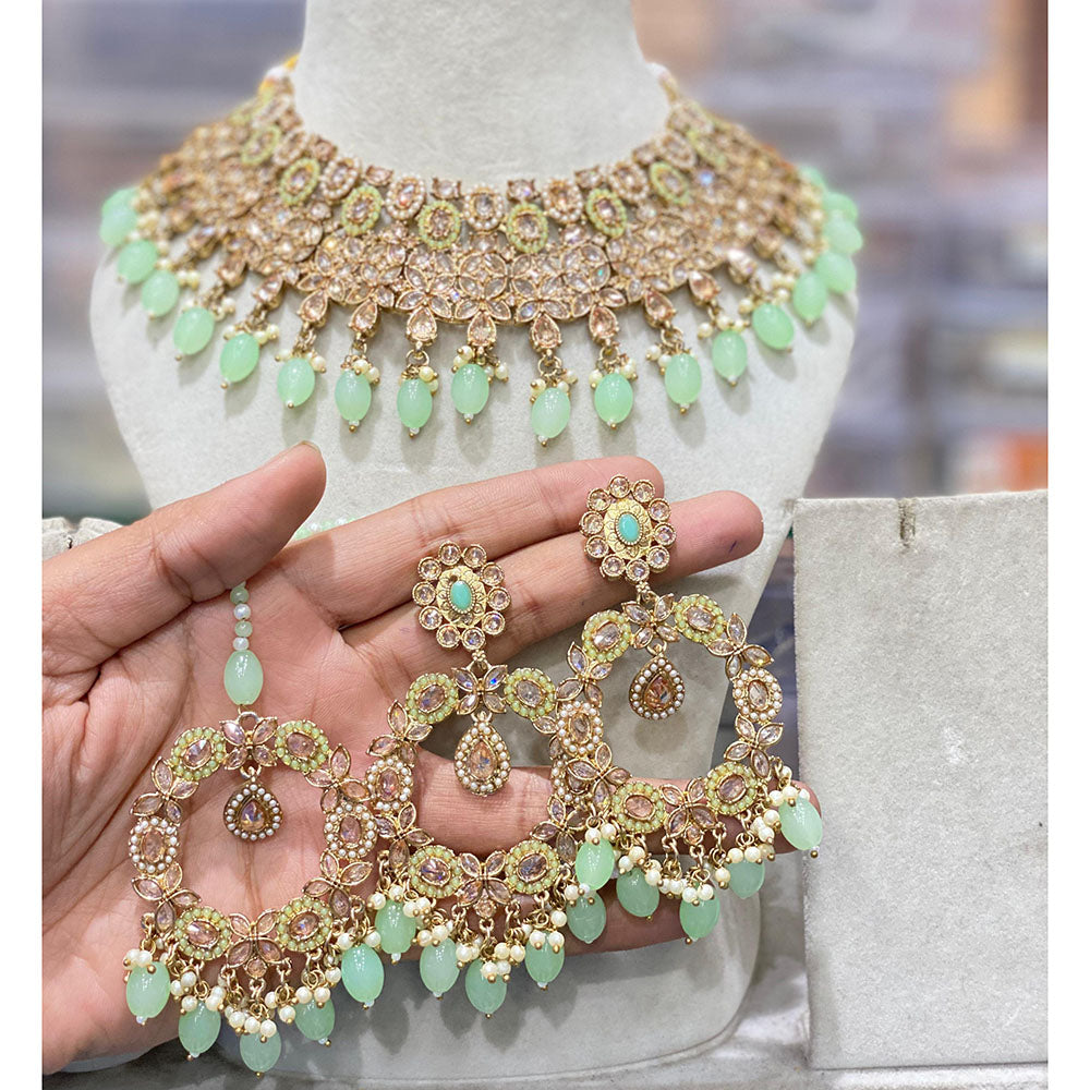 Hira Collection Luxury Crystal And Pearl Choker Necklace Set With Maangtikka