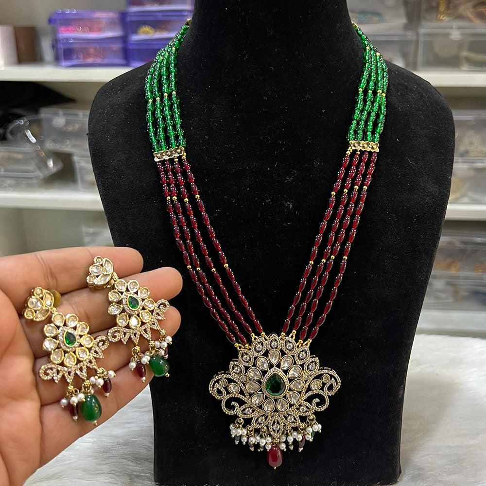 Hira Collections Royal Beads and Kundan Pendant Long Necklace Set for Wedding Wear