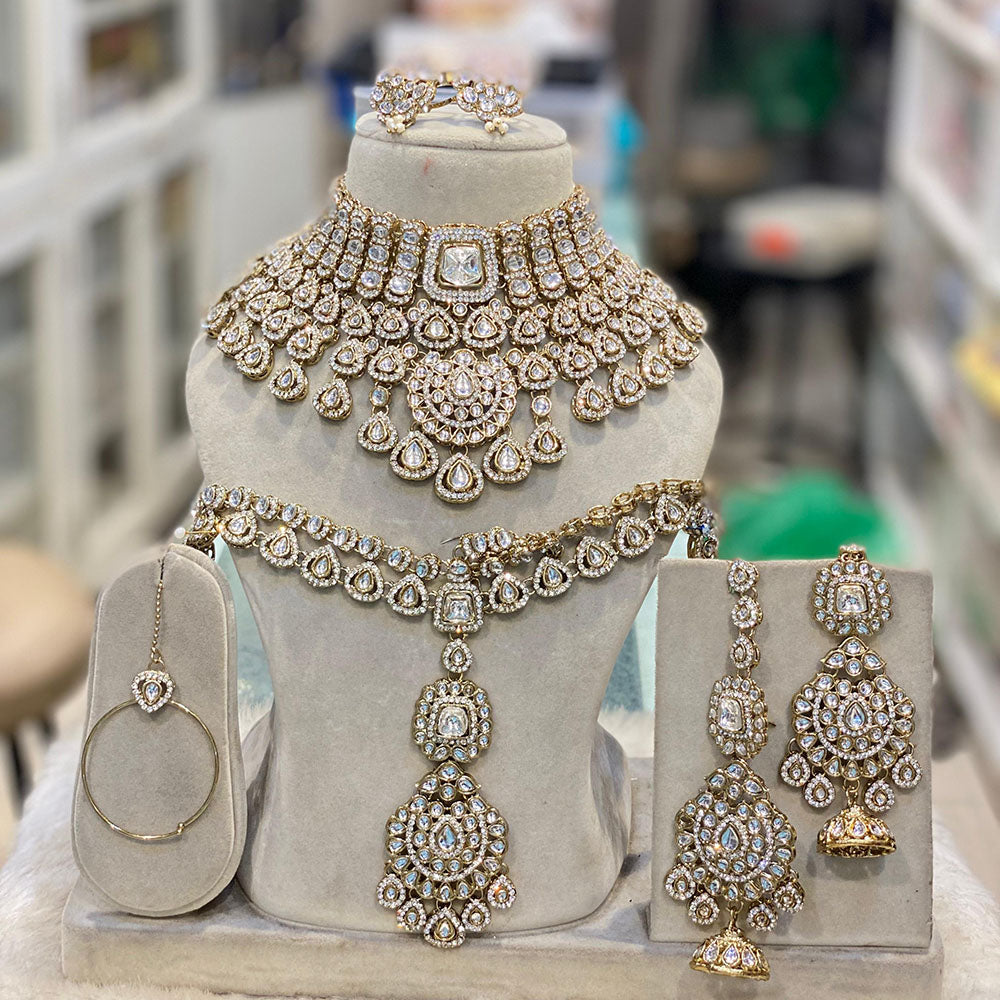 Hira Collections Royal Kundan Heavy Semi -Bridal Necklace Set Wedding Ready with Matching Accessories White