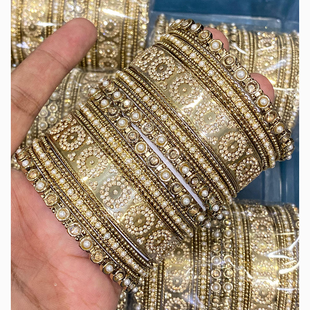 Hira Collections Royal Look Sparkling Austrian Stone And Pearl Designer Bangles Set