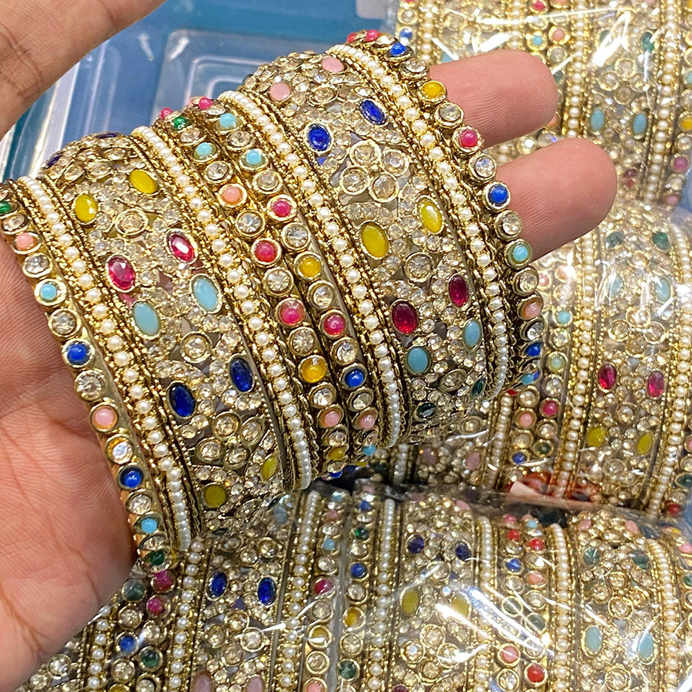 Hira Collections Royal Look Sparkling Crystal Stone And Pearl Designer Bangles Set