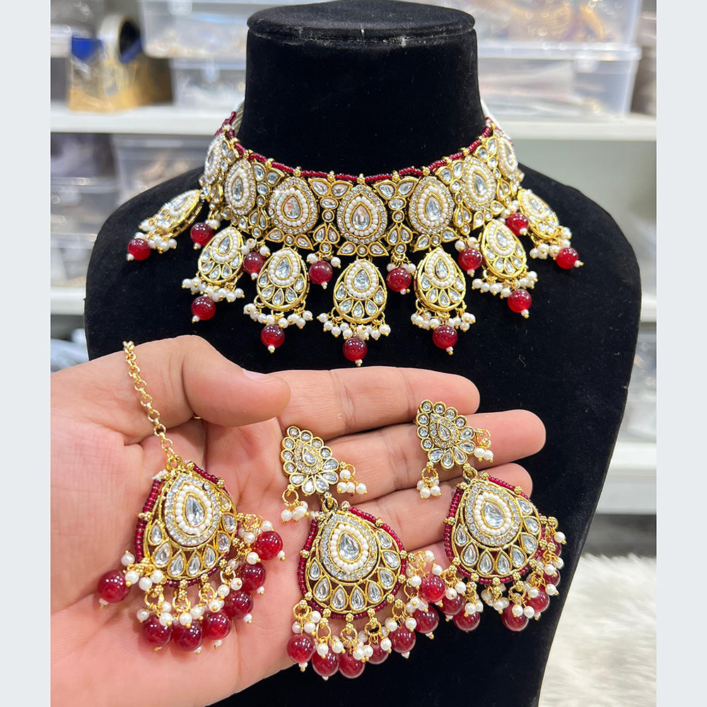 Hira Collections Elegant Kundan Stone Pearl And Beads Choker Necklace Set