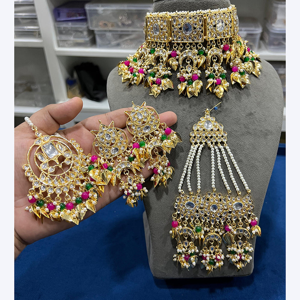 Hira Collections Gorgeous Kundan Pearl And Beads Choker Necklace Set With Passa
