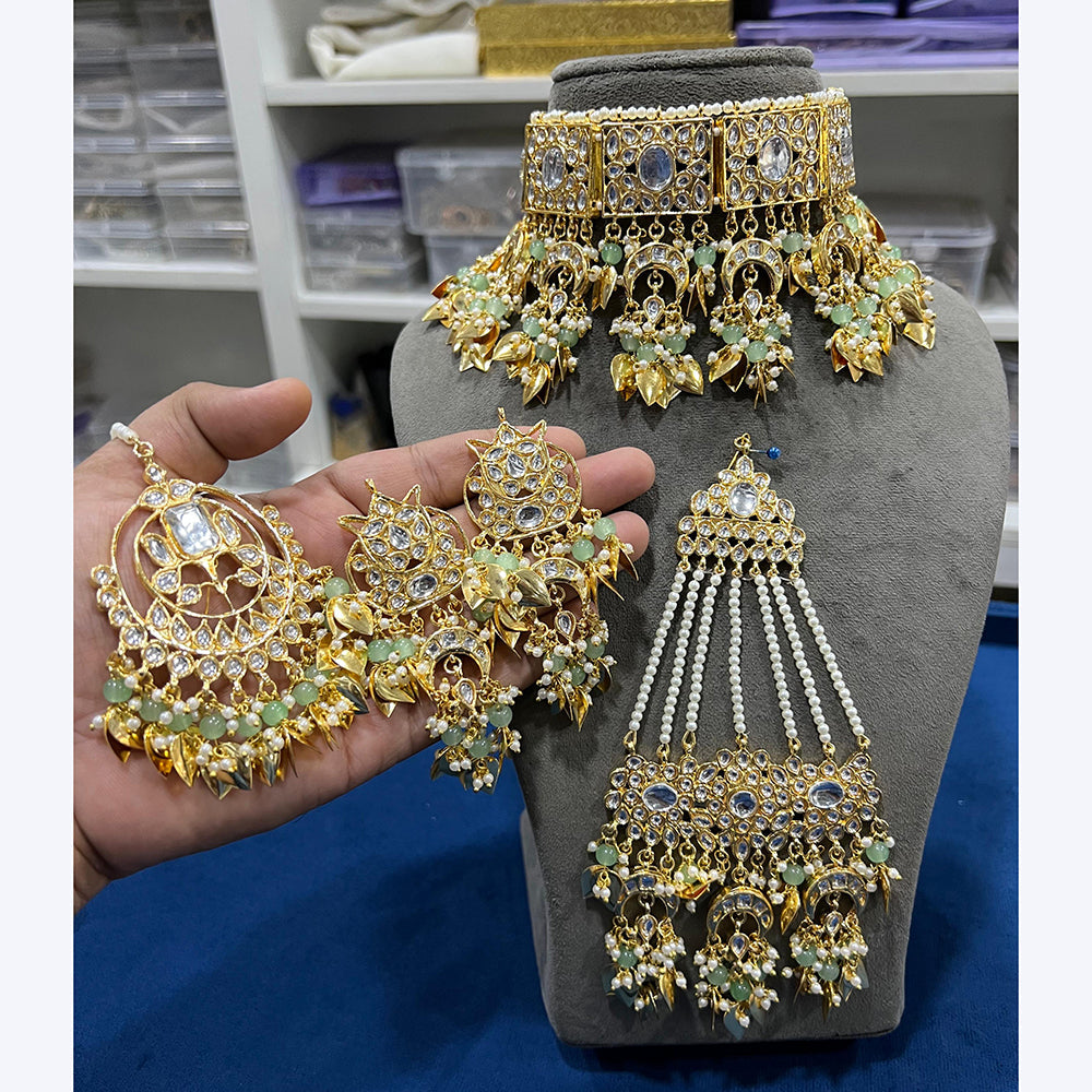 Hira Collections Gorgeous Kundan Pearl And Beads Choker Necklace Set With Passa