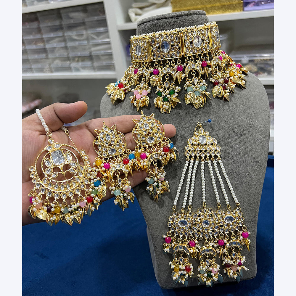 Hira Collections Gorgeous Kundan Pearl And Beads Choker Necklace Set With Passa