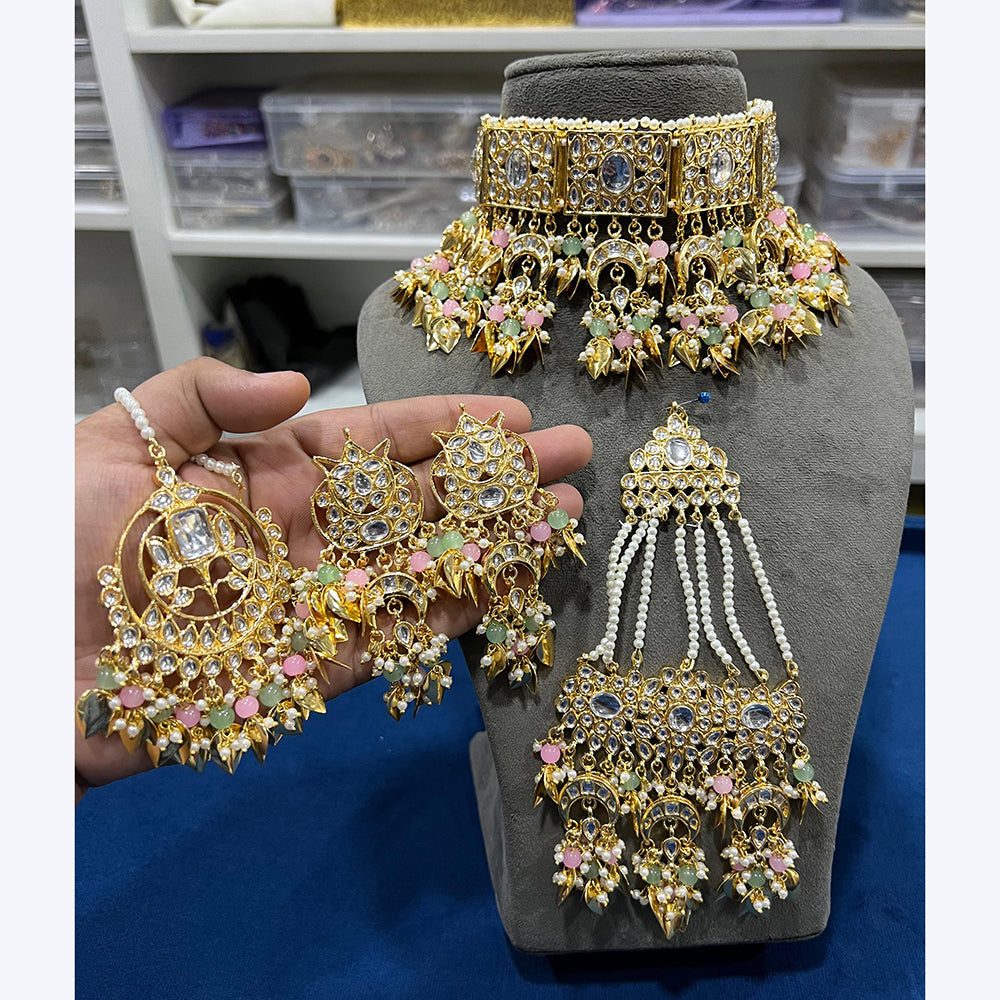 Hira Collections Gorgeous Kundan Pearl And Beads Choker Necklace Set With Passa