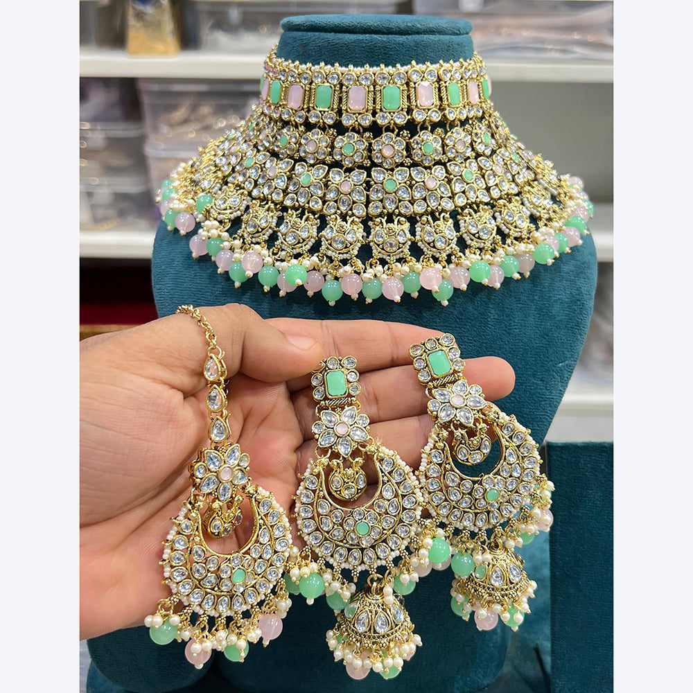 Hira Collections Stunning Crystal Stone Beads And Pearl Choker Necklace Set