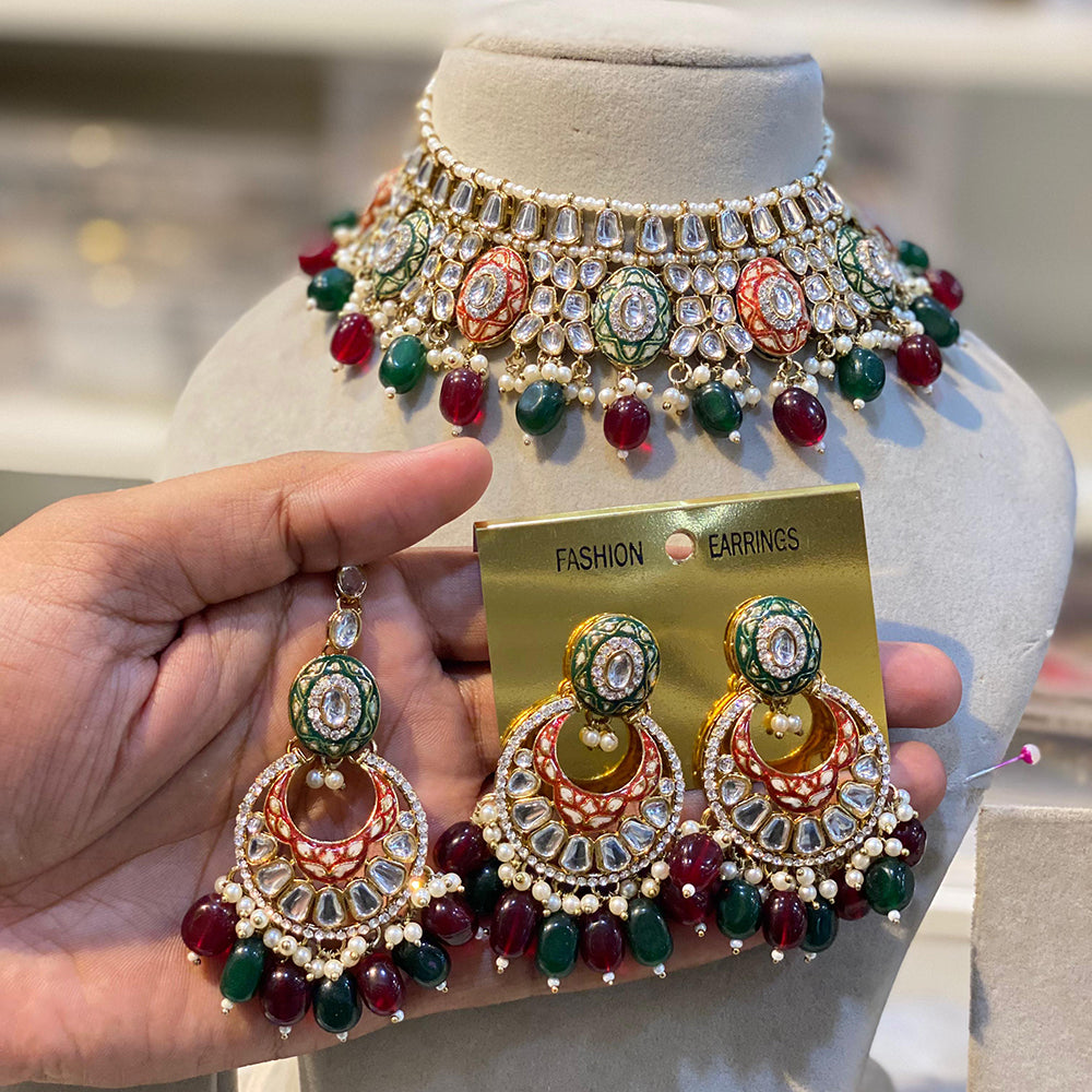 Hira Collections Royal Kundan Pearl And Meenakari Beads Necklace Set