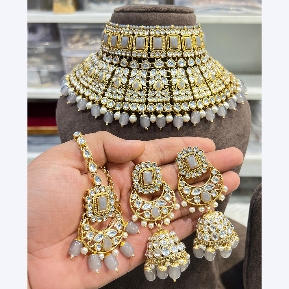 Hira Collections Stunning Crystal Stone Beads And Pearl Choker Necklace Set