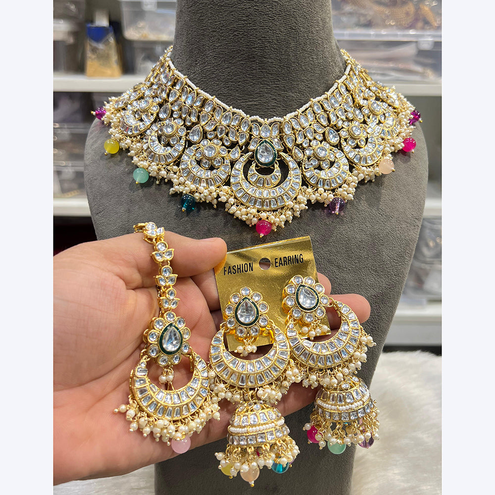 Hira Collections Stunning Kundan Stone Beads And Pearl Choker Necklace Set