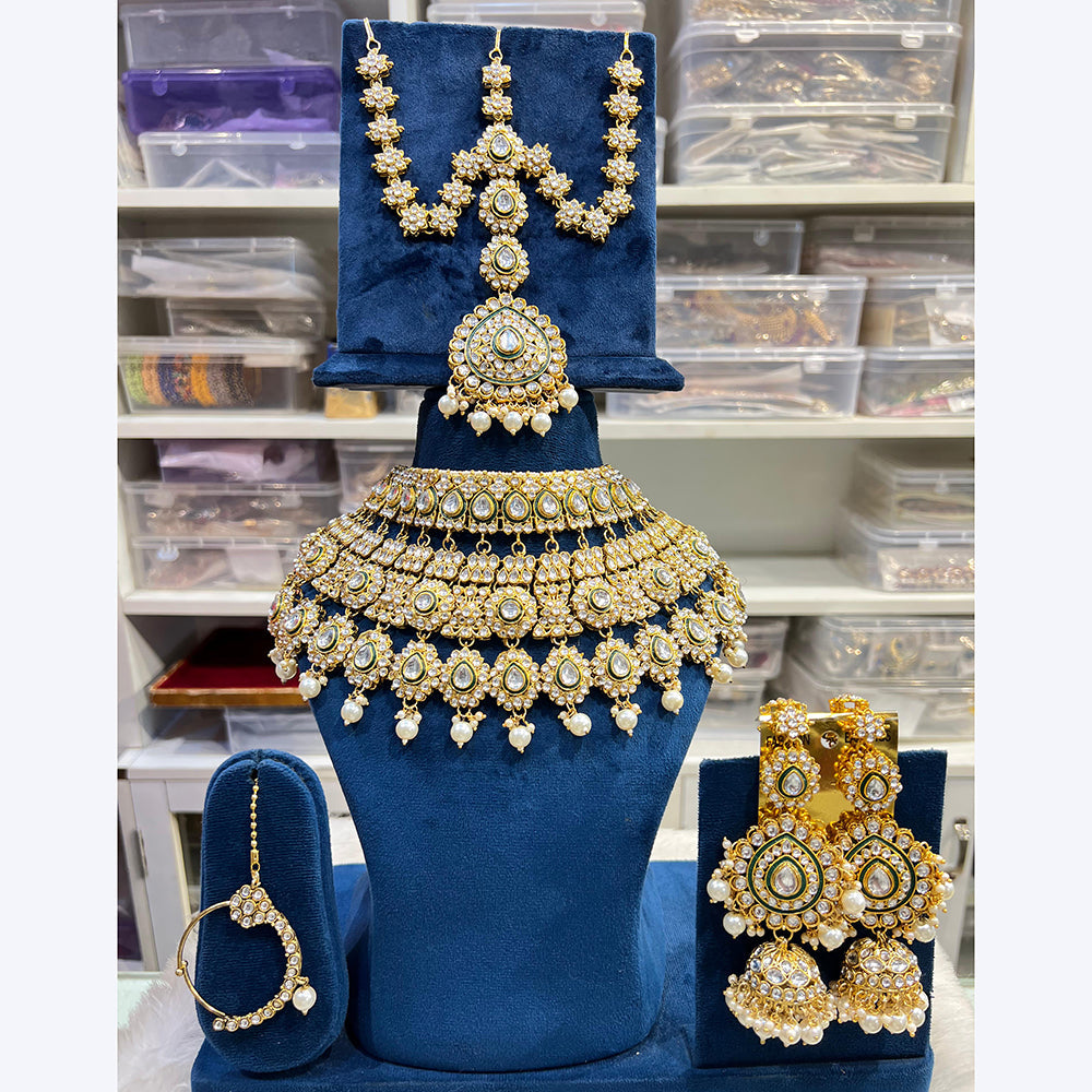 Hira Collections Gold Plated Kundan Stone Semi Bridal Necklace Set