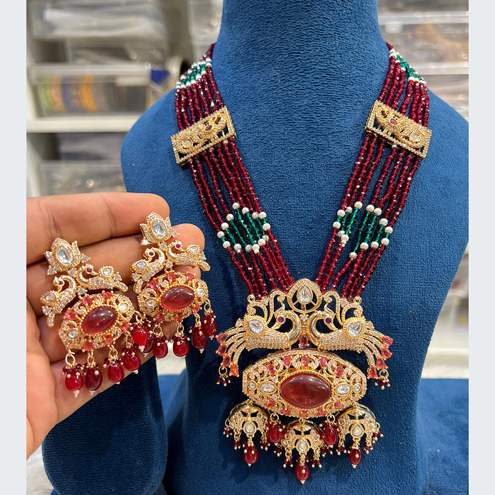 Hira Collections Designer Pota And Austrian Stone Pearl Long Necklace Set