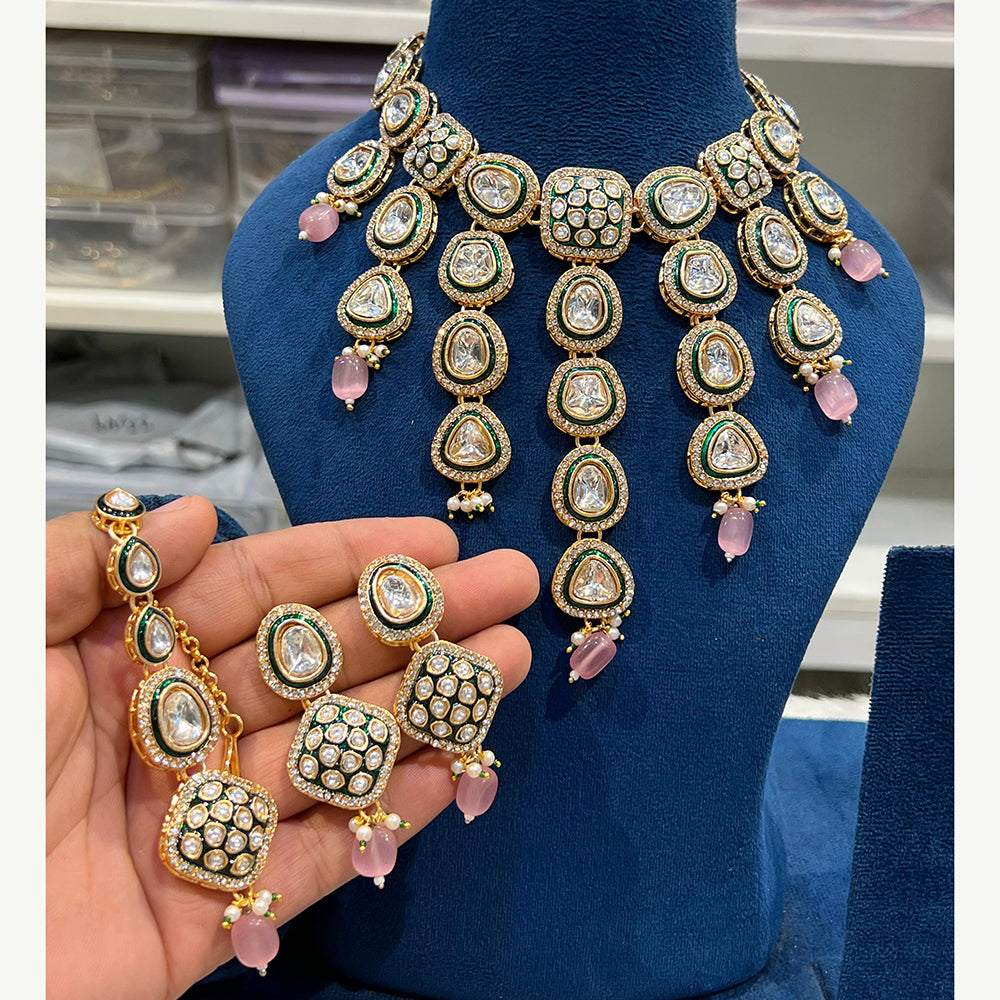 Hira Collections Luxurious Kundan Stone Pearl And Beads Meenakari Choker Necklace Set