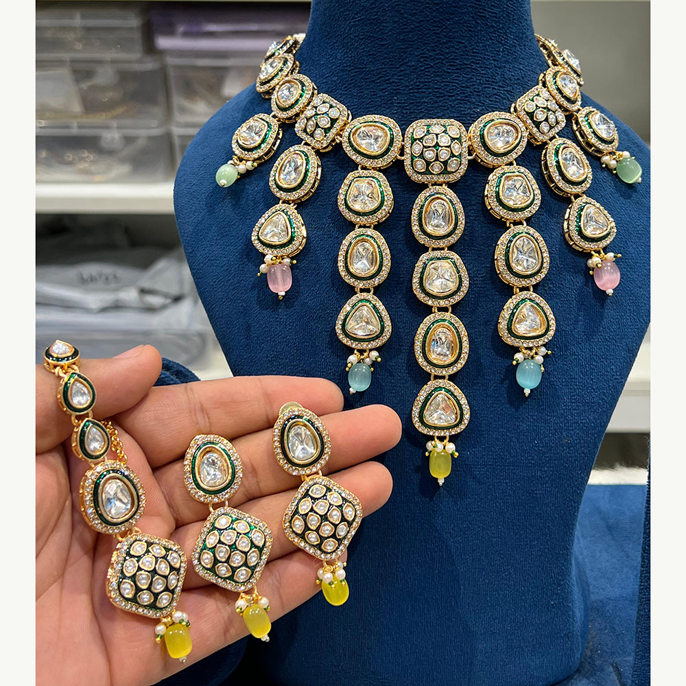 Hira Collections Luxurious Kundan Stone Pearl And Beads Meenakari Choker Necklace Set
