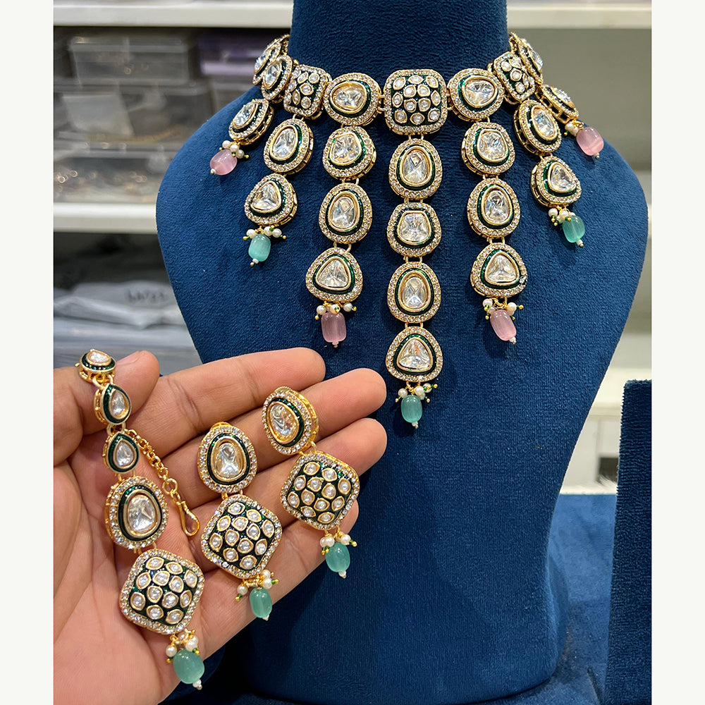 Hira Collections Luxurious Kundan Stone Pearl And Beads Meenakari Choker Necklace Set