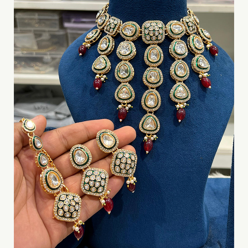 Hira Collections Luxurious Kundan Stone Pearl And Beads Meenakari Choker Necklace Set