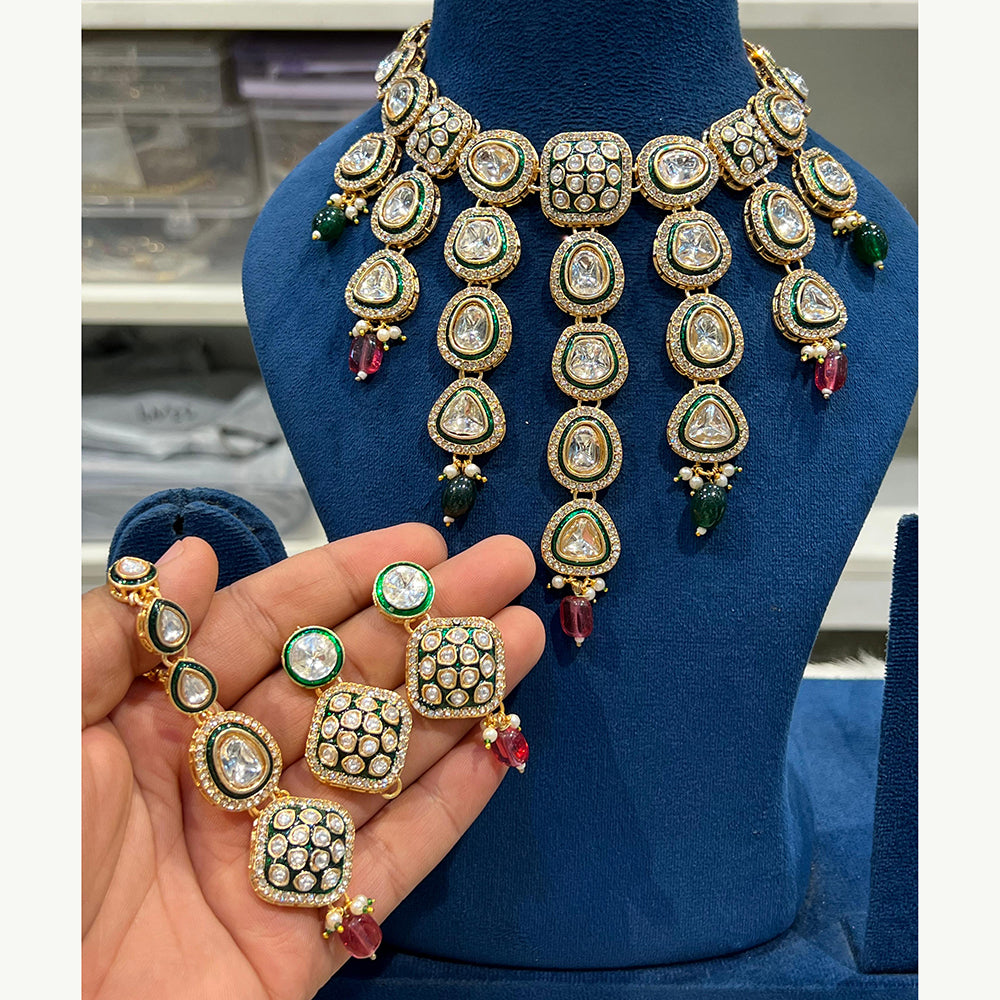 Hira Collections Luxurious Kundan Stone Pearl And Beads Meenakari Choker Necklace Set