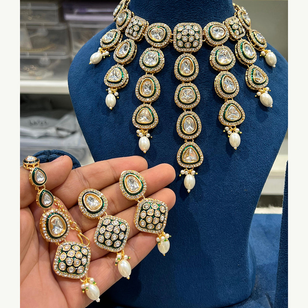 Hira Collections Luxurious Kundan Stone Pearl And Beads Meenakari Choker Necklace Set