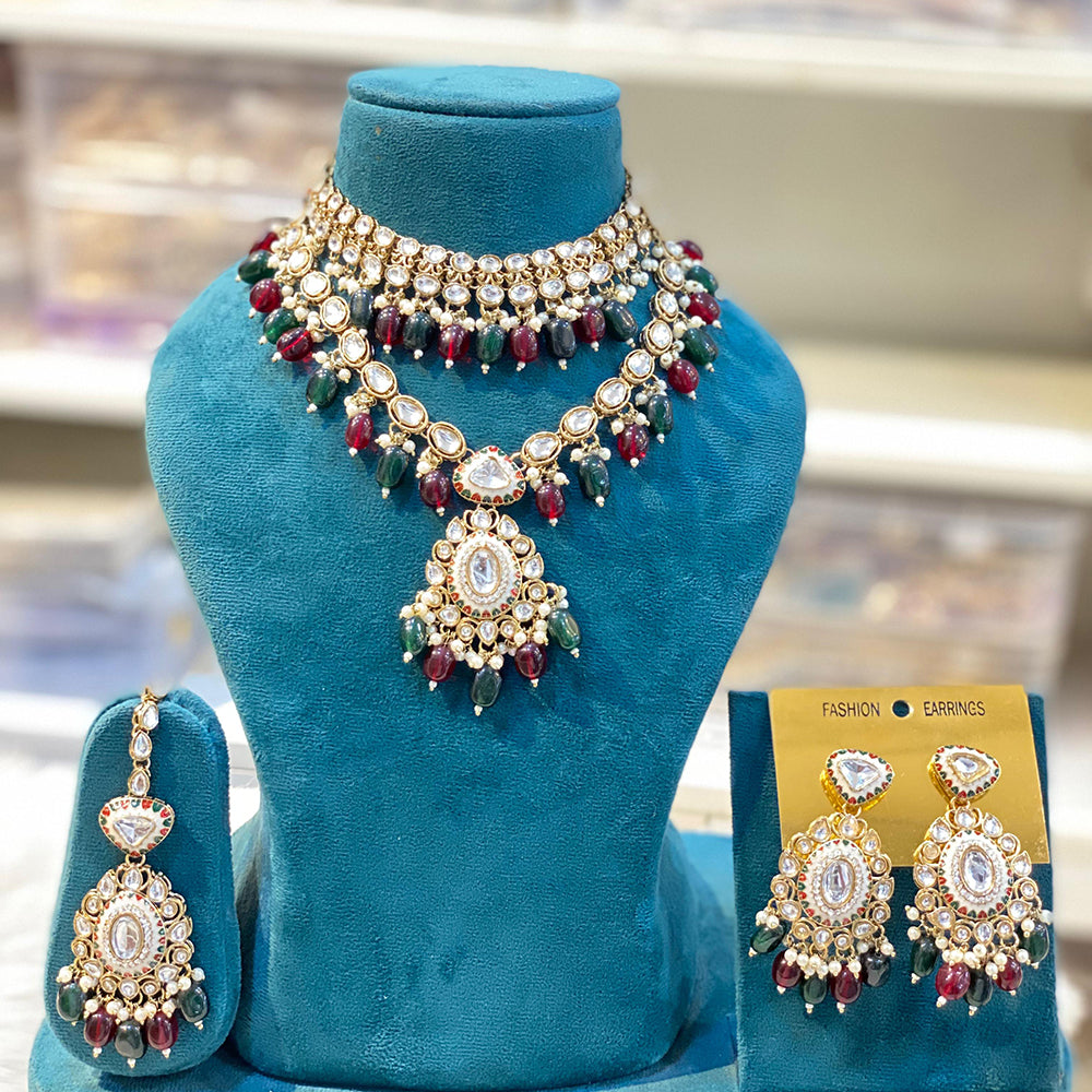 Hira Collections Royal Kundan Stone And Beads Meenakari Choker Necklace Set