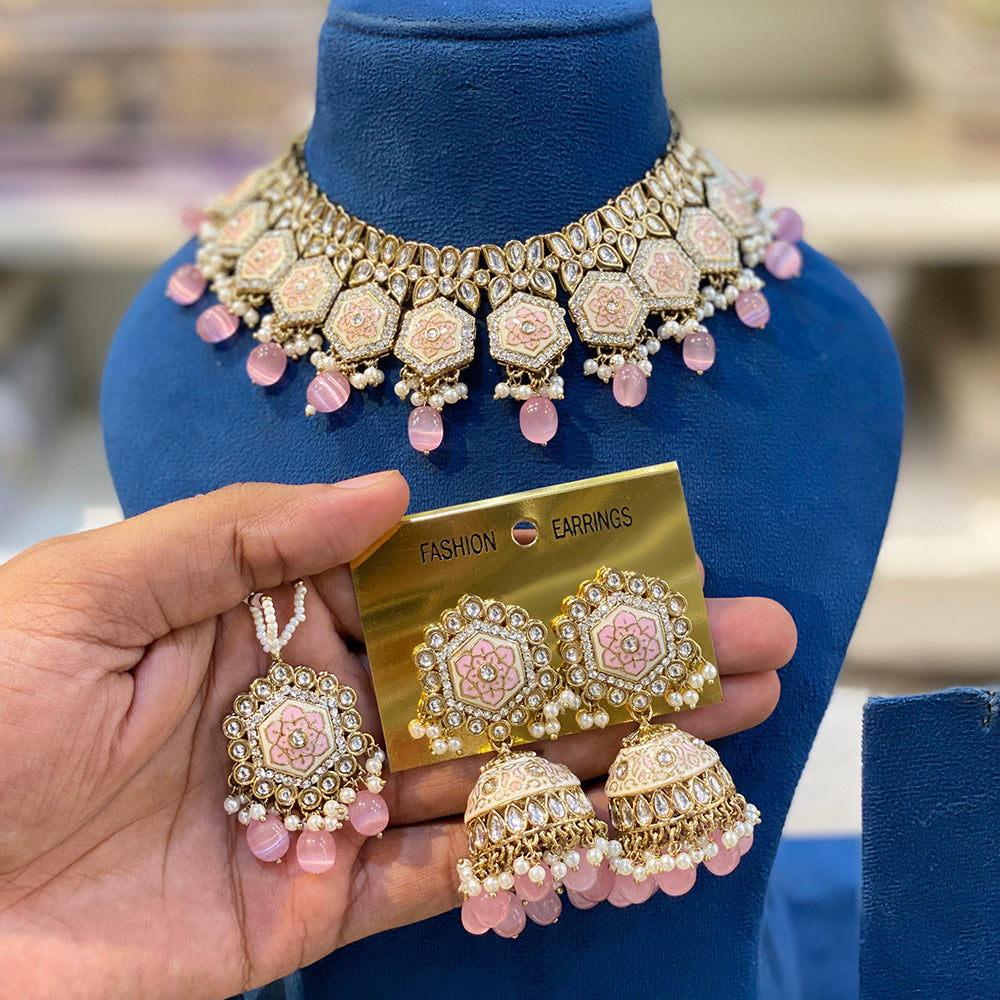 Hira Collections Royal Kundan Stone And Beads Meenakari Choker Necklace Set