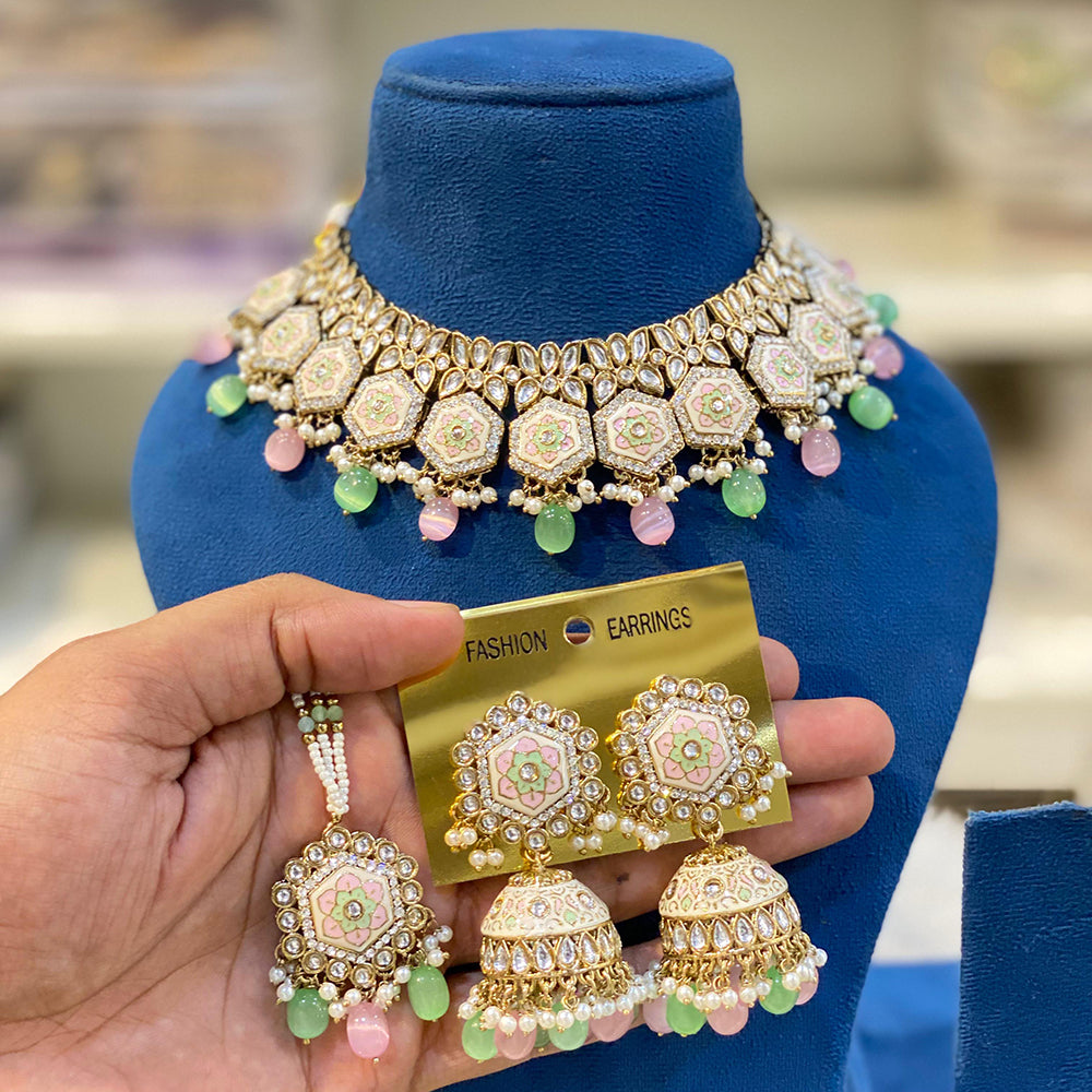 Hira Collections Royal Kundan Stone And Beads Meenakari Choker Necklace Set
