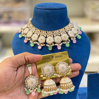 Hira Collections Royal Kundan Stone And Beads Meenakari Choker Necklace Set