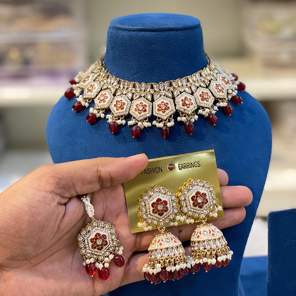 Hira Collections Royal Kundan Stone And Beads Meenakari Choker Necklace Set