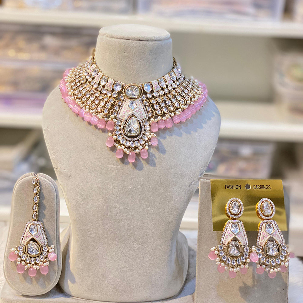 Hira Collections Royal Kundan Stone And Beads Meenakari Choker Necklace Set