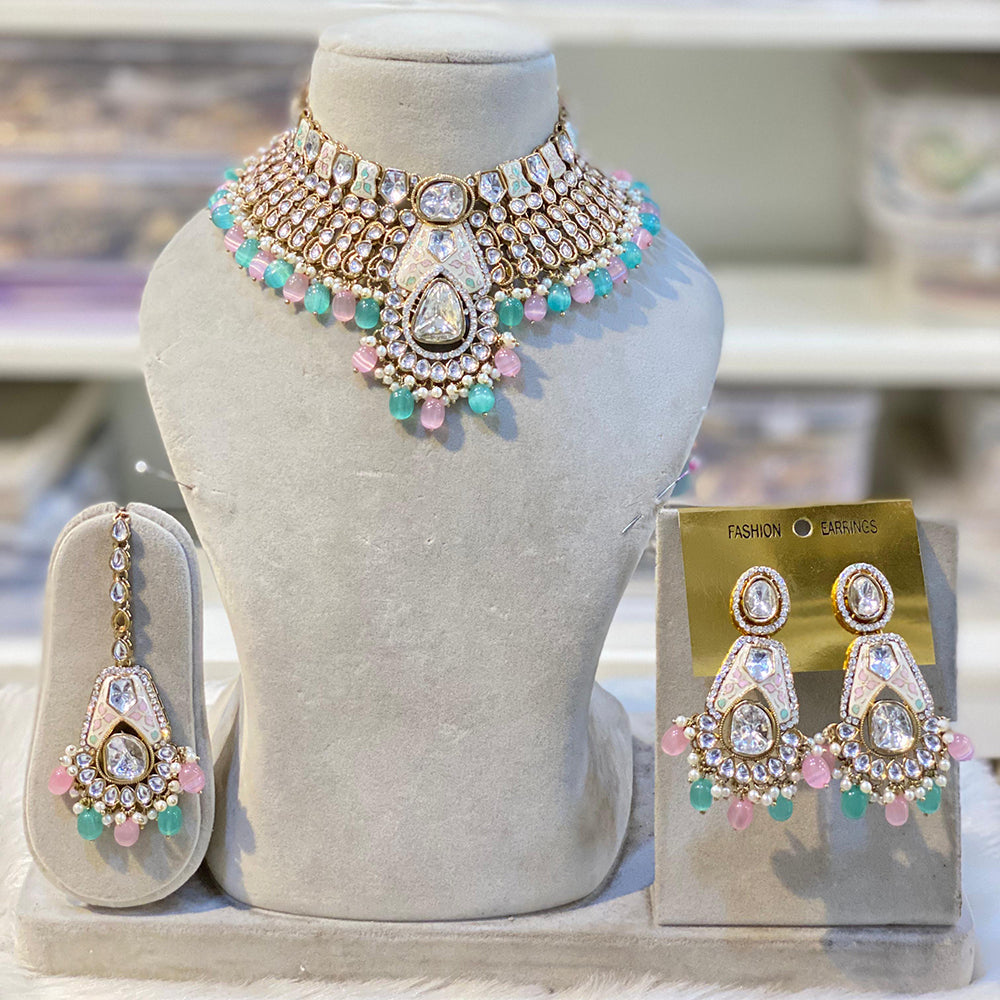 Hira Collections Royal Kundan Stone And Beads Meenakari Choker Necklace Set