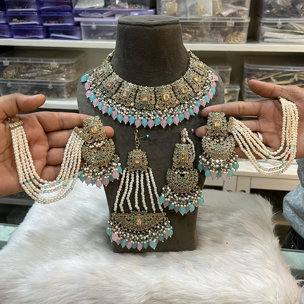 Hira Collections Royal Crystal Stone Beads And Pearl Necklace Set With Passa 