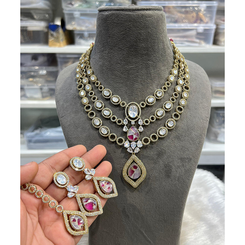 Hira Collection Glamorous Druzy Crystal Stone With American Diamond Necklace Set