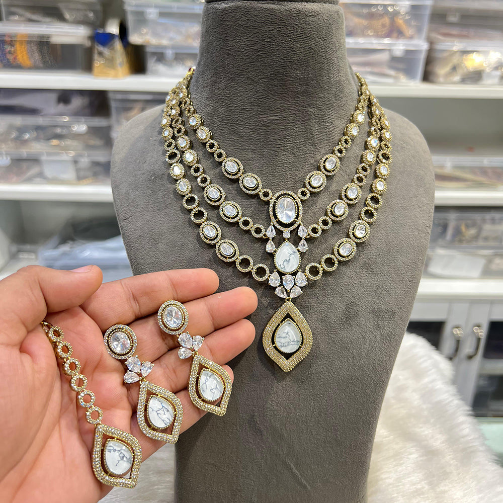 Hira Collection Glamorous Druzy Crystal Stone With American Diamond Necklace Set