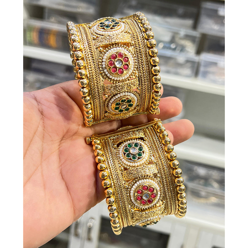 Hira Collections Royal Pota Stone And Pearl Openable Bangles Set