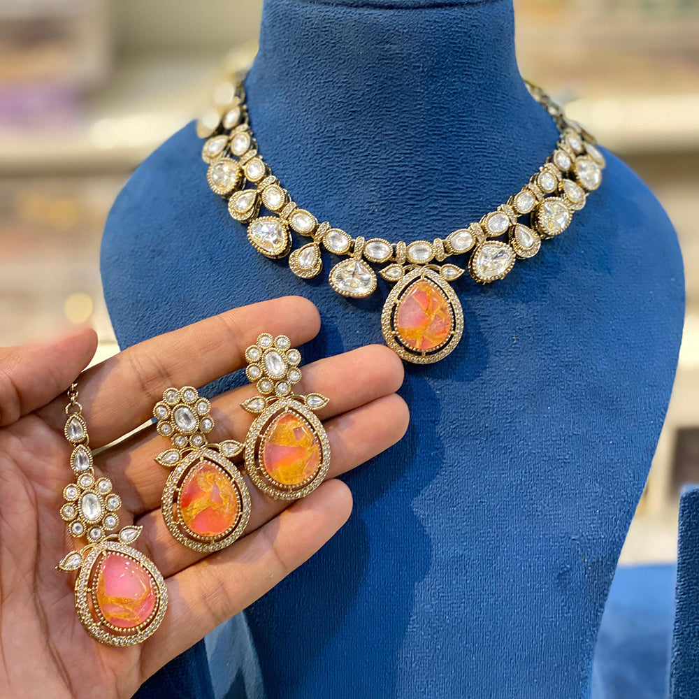 Hira Collections Sparkling Pota and Kundan Stone Necklace Set
