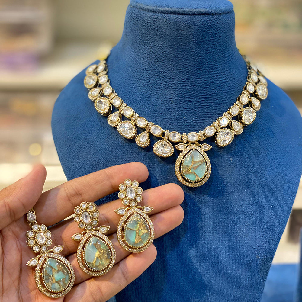 Hira Collections Sparkling Pota and Kundan Stone Necklace Set