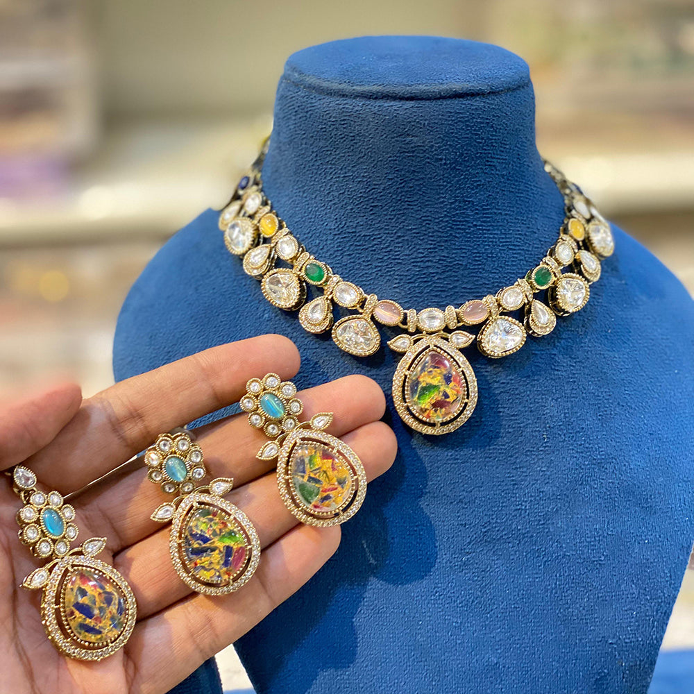 Hira Collections Sparkling Pota and Kundan Stone Necklace Set