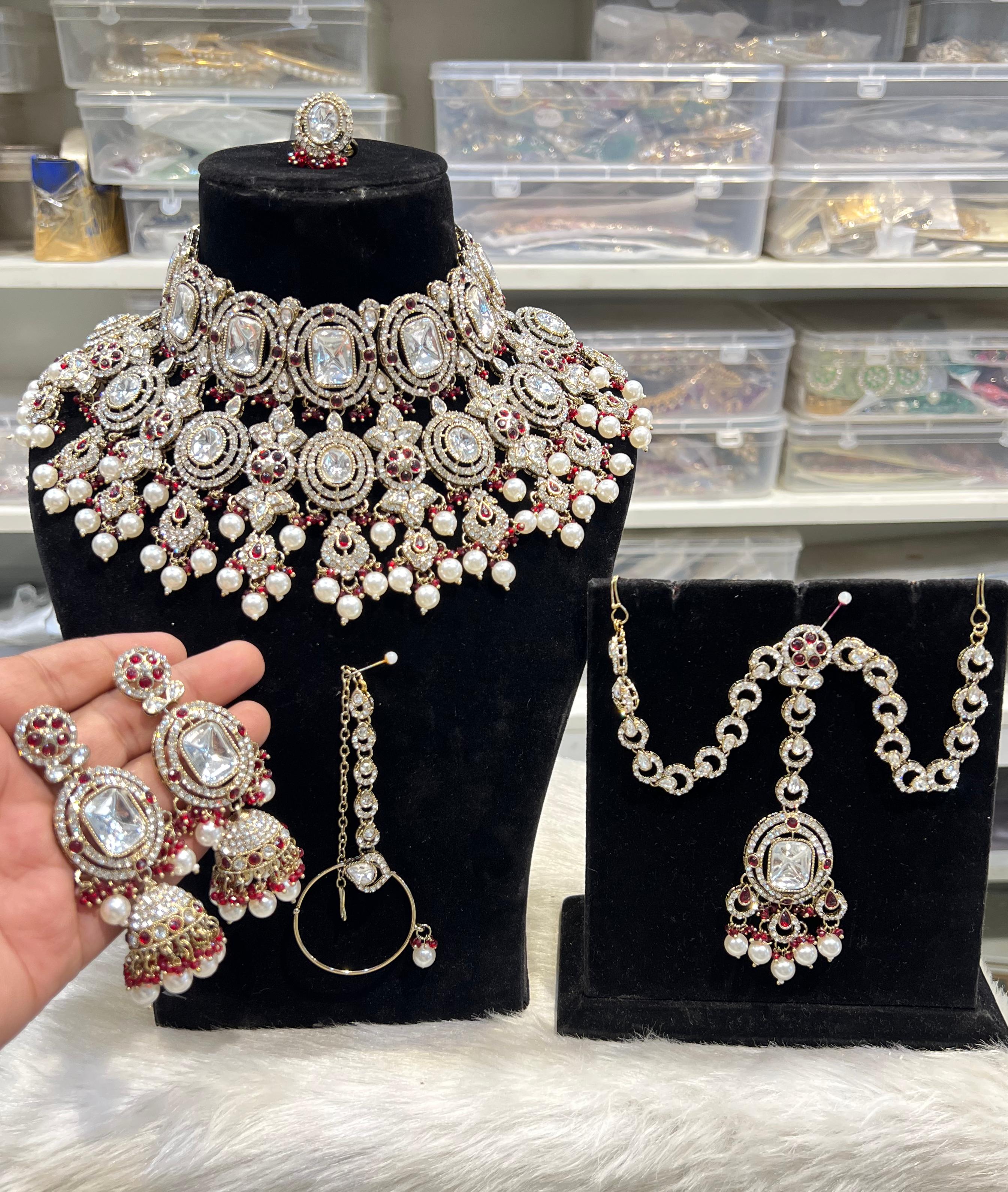 Hira Collections Handcrafted Kundan Stone And Pearls Semi Bridal Necklace Set