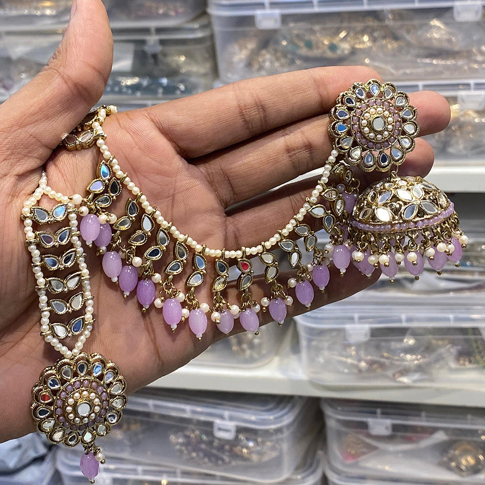 Hira Collections Designer Mirror And Beads Jhumki Earrings With Maang Tikka