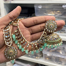 Hira Collections Designer Mirror And Beads Jhumki Earrings With Maang Tikka