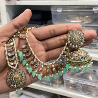 Hira Collections Designer Mirror And Beads Jhumki Earrings With Maang Tikka