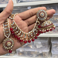 Hira Collections Designer Mirror And Beads Jhumki Earrings With Maang Tikka