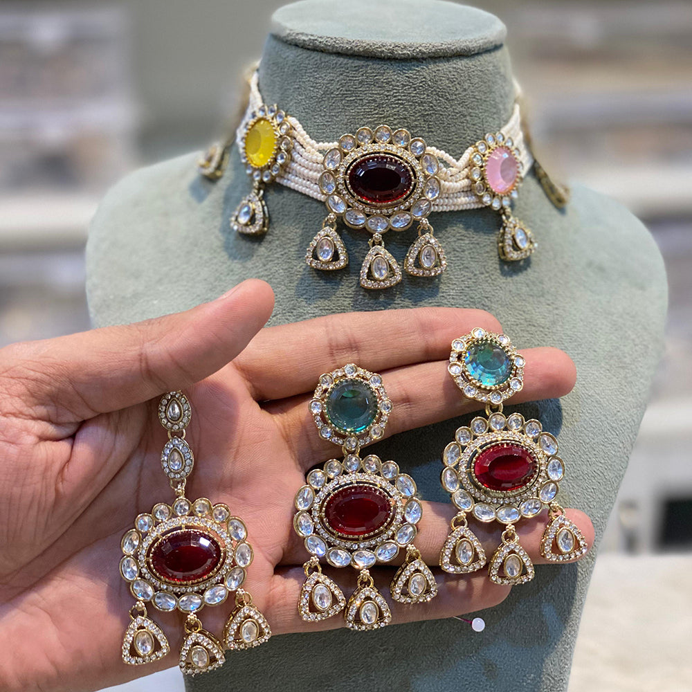 Hira Collections Sparkling Pota and Kundan Stone Necklace Set