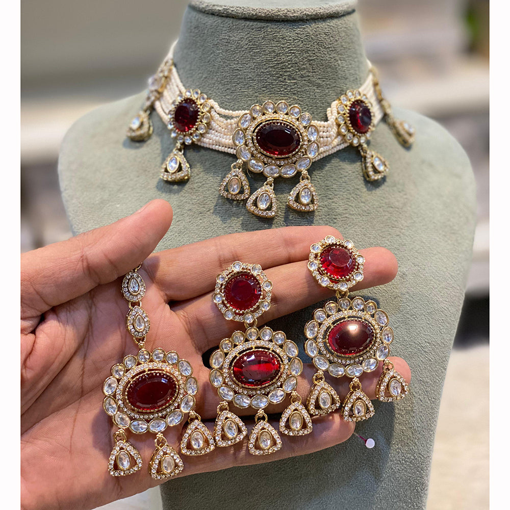 Hira Collections Sparkling Pota and Kundan Stone Necklace Set