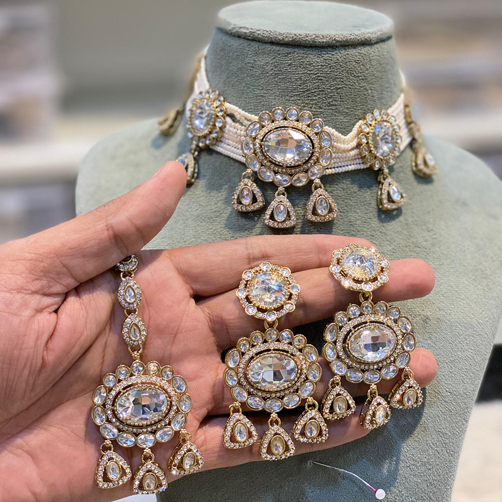 Hira Collections Sparkling Pota and Kundan Stone Necklace Set
