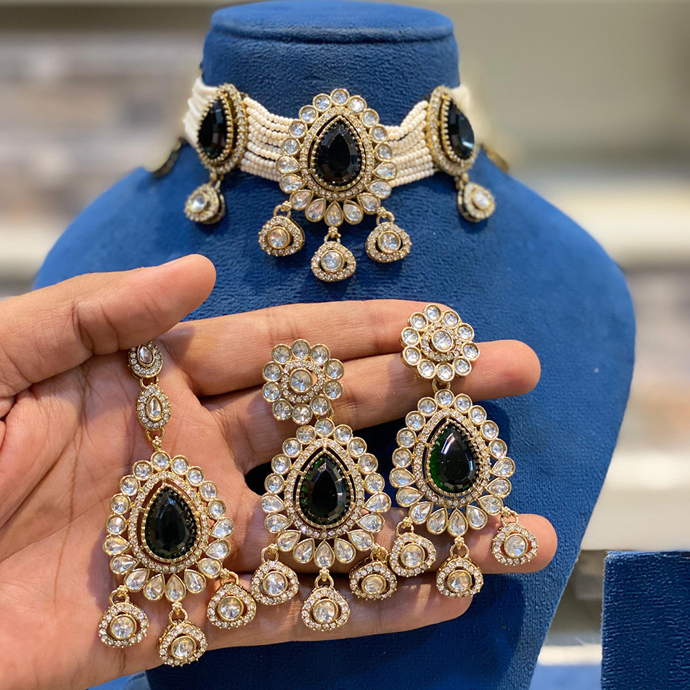 Hira Collections Sparkling Pota and Kundan Stone Necklace Set
