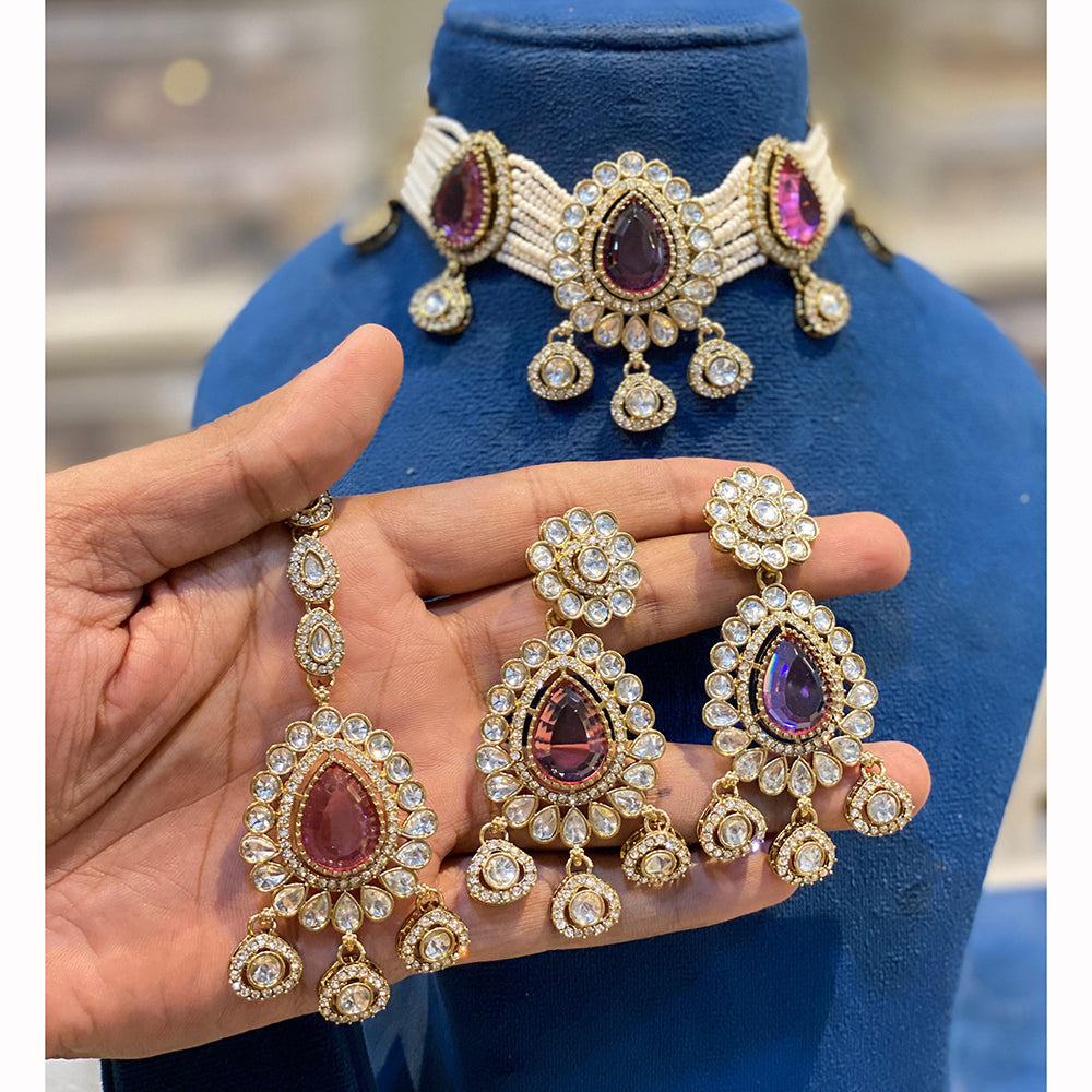 Hira Collections Sparkling Pota and Kundan Stone Necklace Set