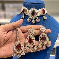 Hira Collections Sparkling Pota and Kundan Stone Necklace Set